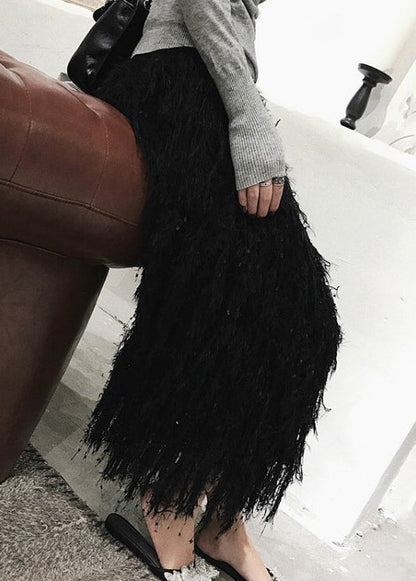Black Feather Knit Spring Skirts High Waist