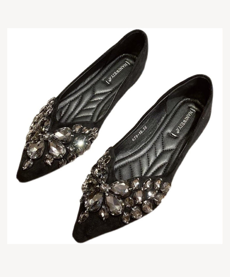 Black Flat Shoes Splicing Zircon Pointed Toe