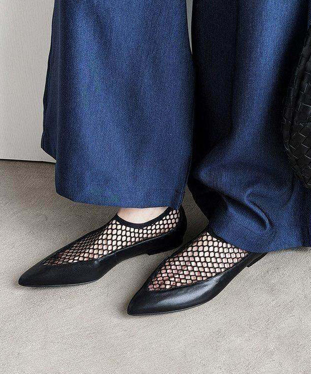 Black Flat Shoes Tulle Splicing Cowhide Leather Pointed Toe