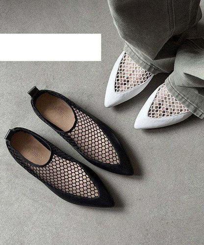 Black Flat Shoes Tulle Splicing Cowhide Leather Pointed Toe