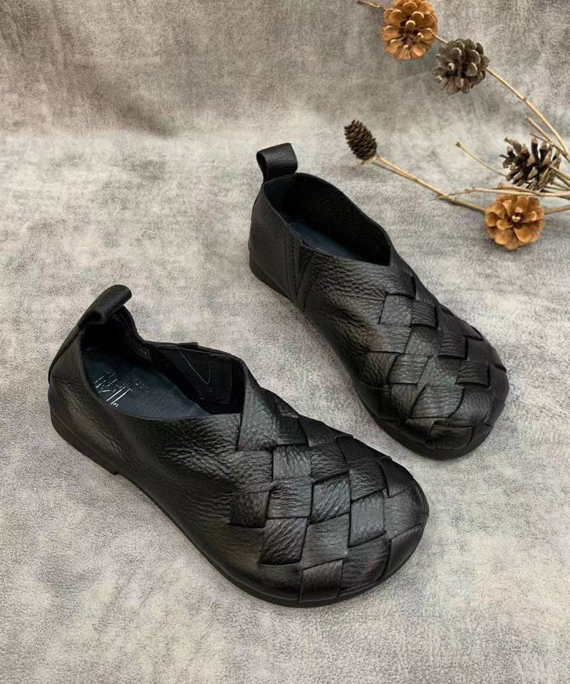 Black Flat Shoes for Handmade Cowhide Leather Fitted Splicing 1