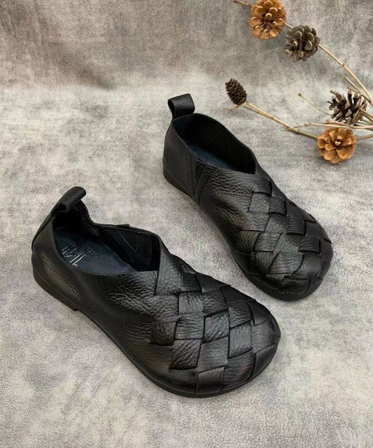 Black Flat Shoes for Handmade Cowhide Leather Fitted Splicing 1