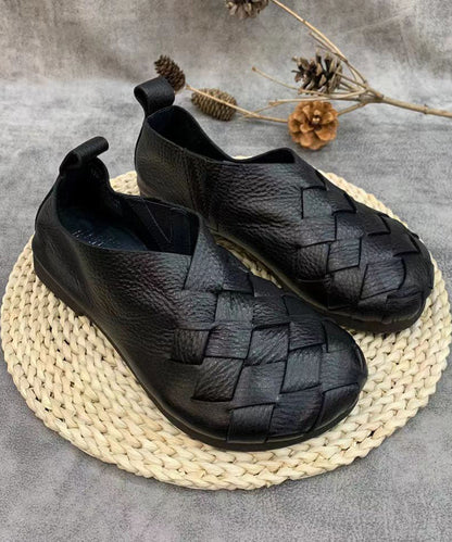 Black Flat Shoes for Handmade Cowhide Leather Fitted Splicing 1