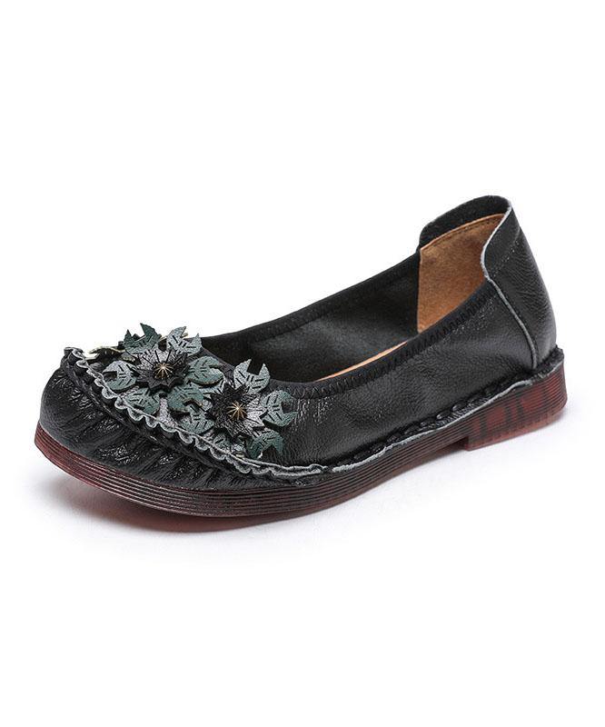 Black Cowhide Leather Flats Splicing Flat Feet Shoes