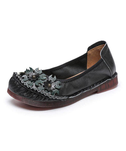 Black Cowhide Leather Flats Splicing Flat Feet Shoes