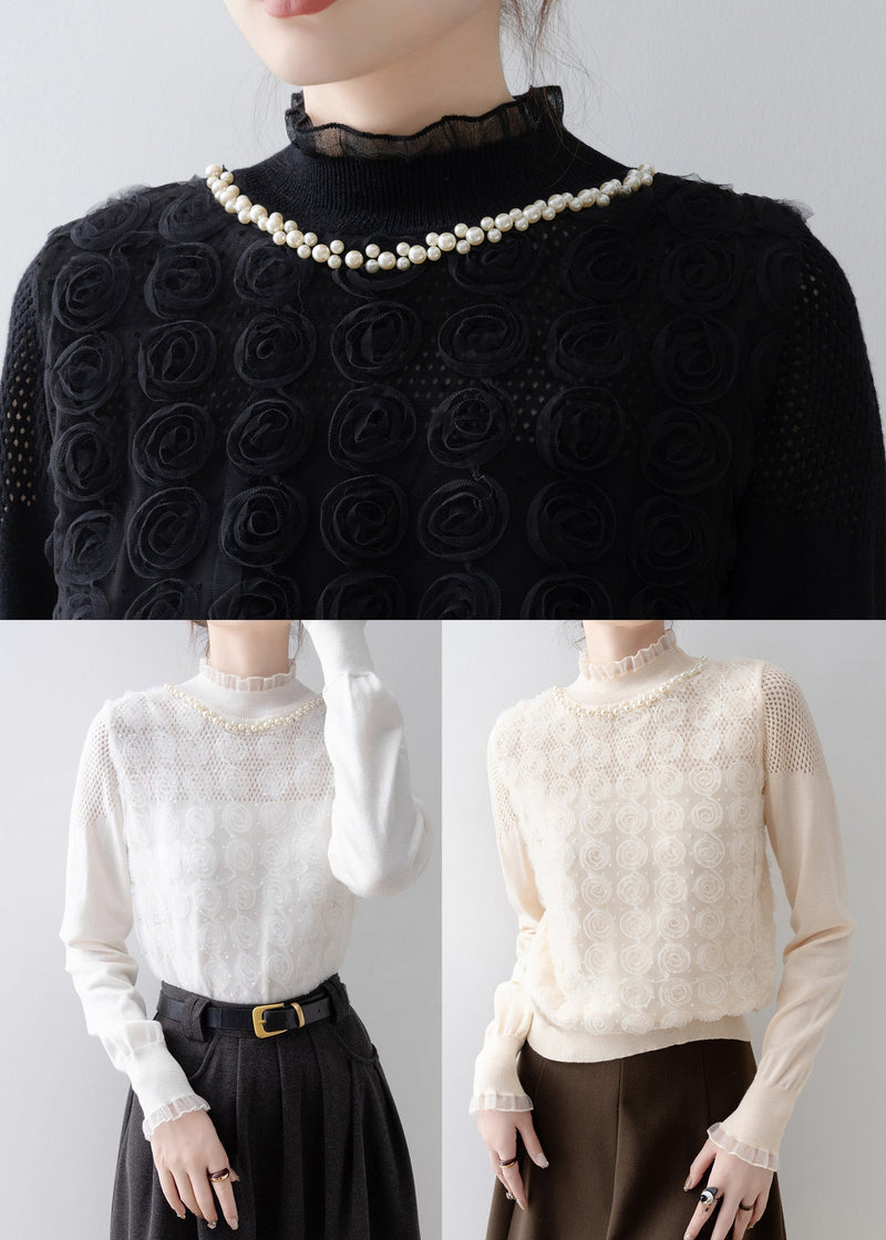 Black Decorated Knit Shirt Top Stand Collar Spring