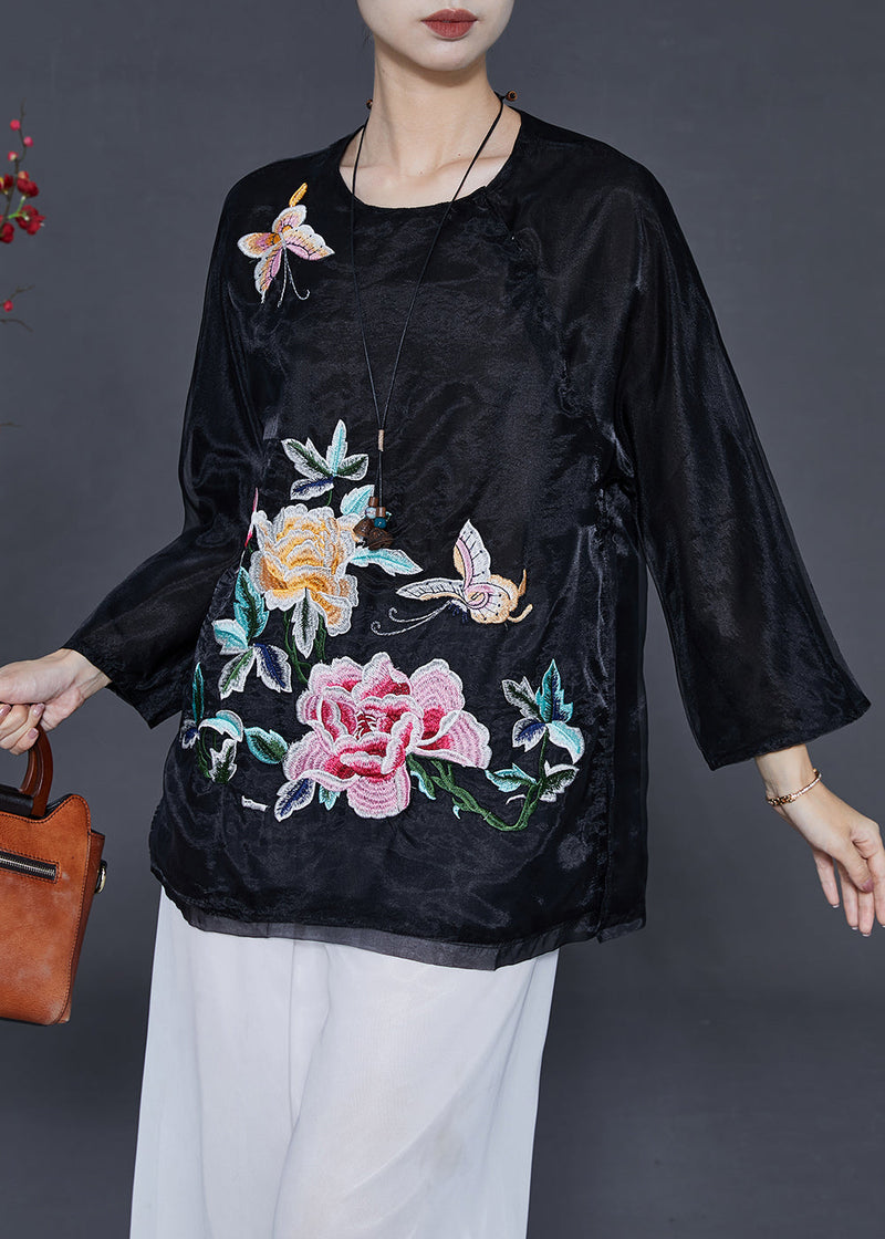 Black Organza Shirt Tops Embroidered Butterfly Summer