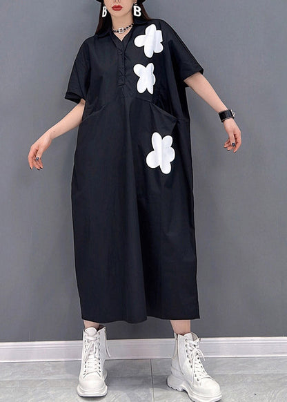 Black Patchwork Pockets Button Dress Short Sleeve