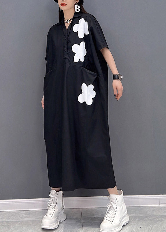 Black Patchwork Pockets Button Dress Short Sleeve