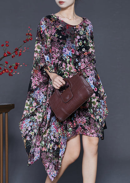 Black Print Chiffon Dress Asymmetrical Design Summer