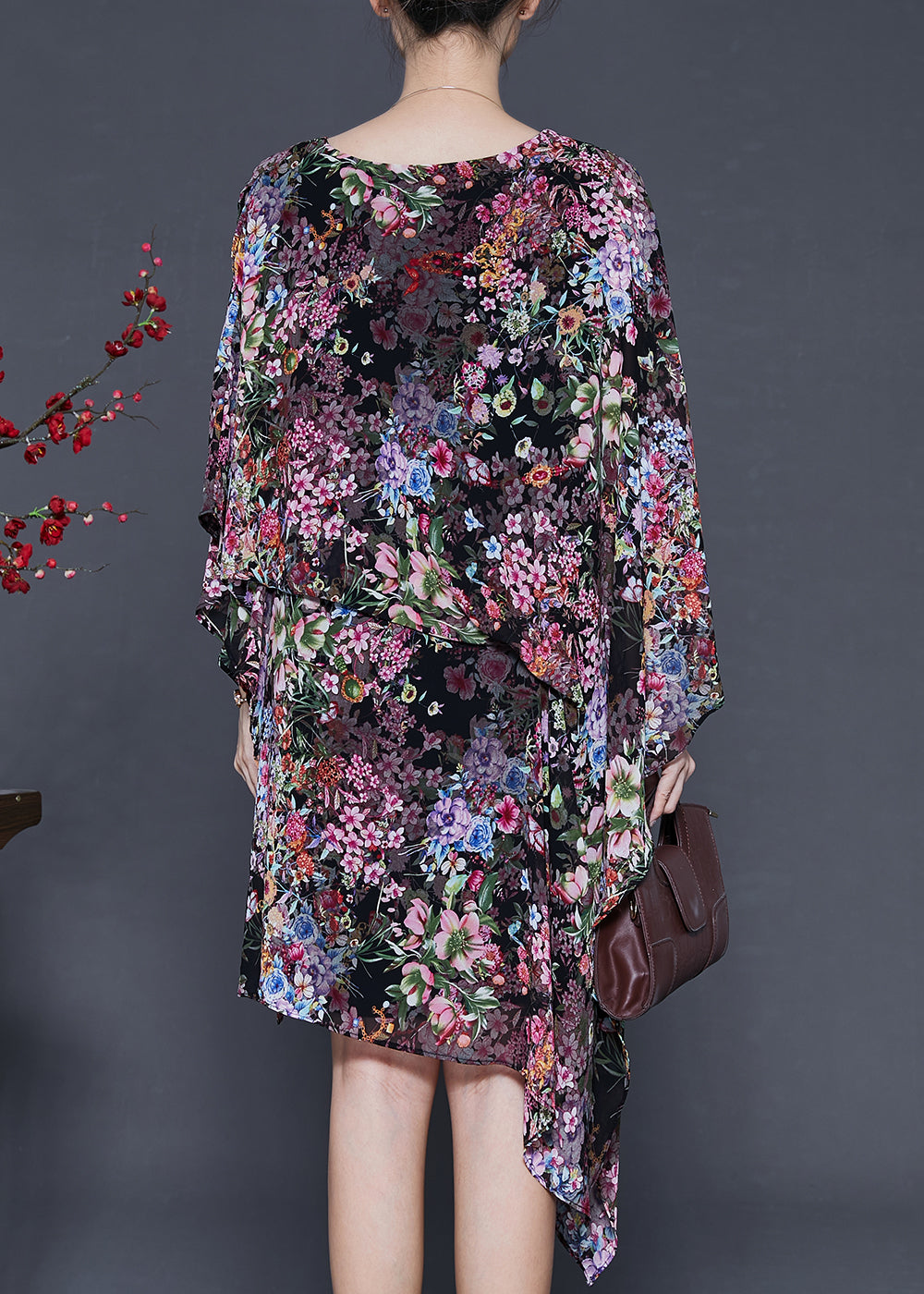 Black Print Chiffon Dress Asymmetrical Design Summer