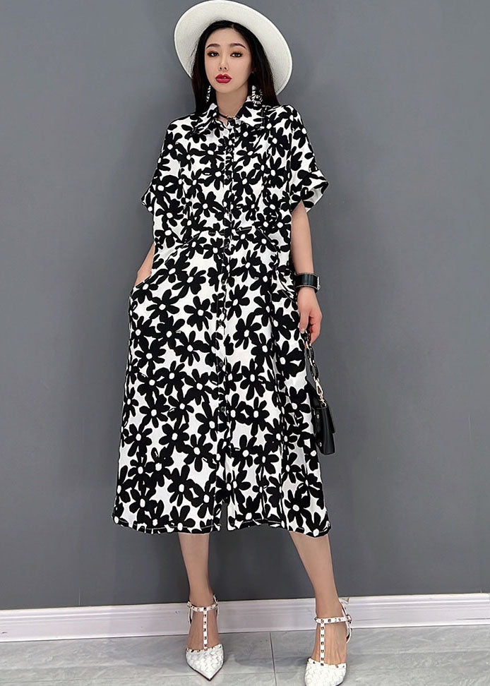 Black Print Cotton Long Dresses Turn-down Collar Short Sleeve