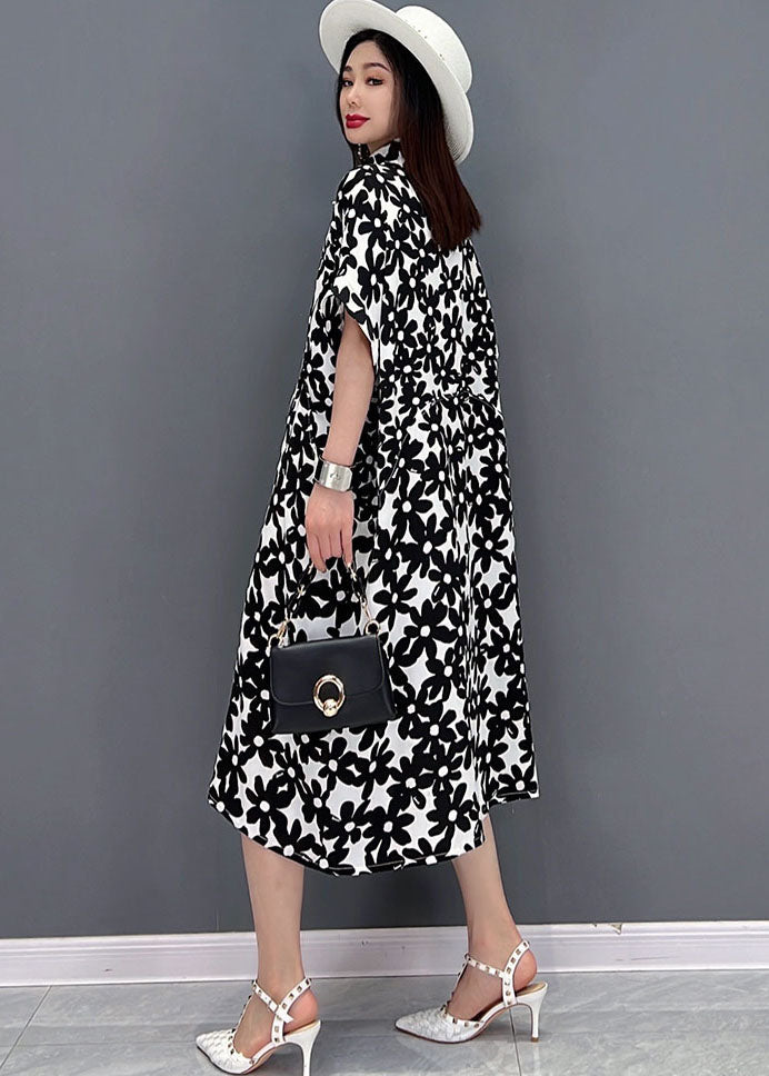 Black Print Cotton Long Dresses Turn-down Collar Short Sleeve