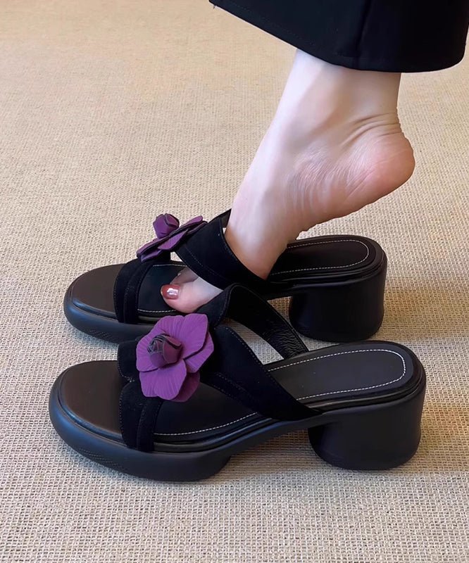 Black Splicing Chunky Slide Sandals Peep Toe
