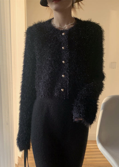 Black Fluffy Knit Cardigan O-neck Spring