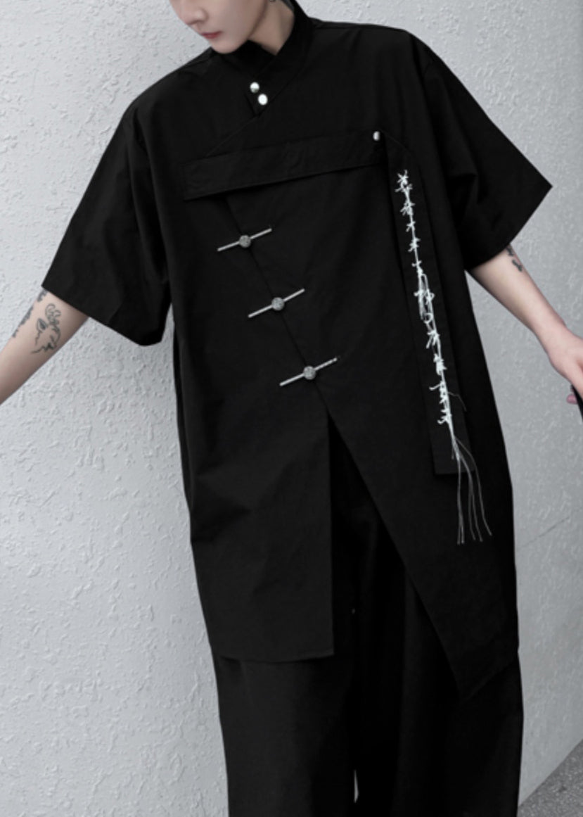 Black Front Open Loose Cotton Shirt Embroideried Summer