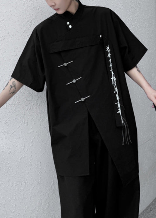 Black Front Open Loose Cotton Shirt Embroideried Summer