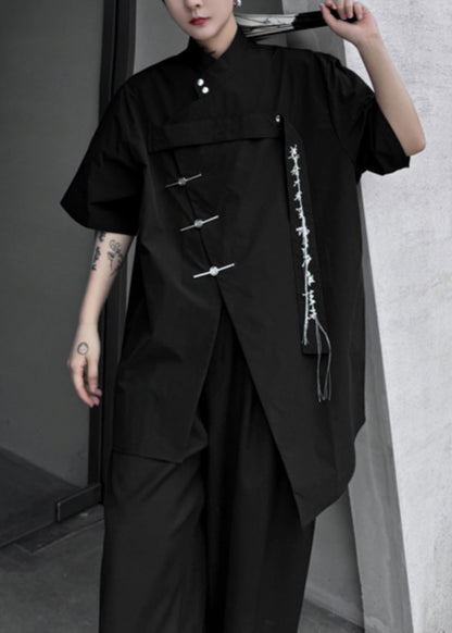 Black Front Open Loose Cotton Shirt Embroideried Summer
