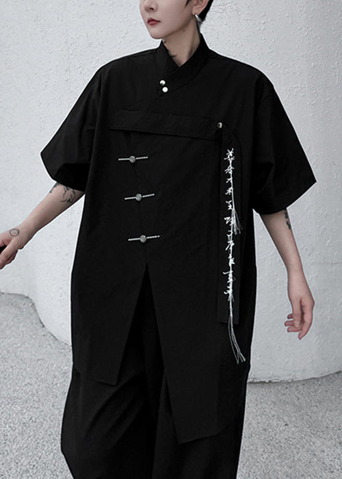 Black Front Open Loose Cotton Shirt Embroideried Summer