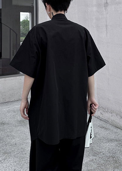 Black Front Open Loose Cotton Shirt Embroideried Summer
