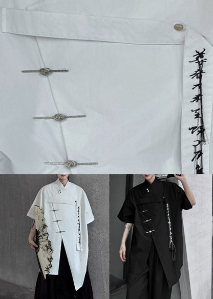 Black Front Open Loose Cotton Shirt Embroideried Summer