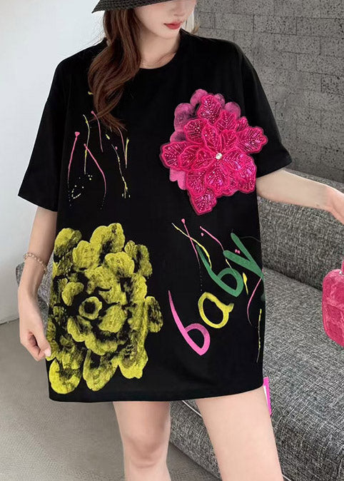 Black Graffiti Print Cotton Tanks Decorated Summer