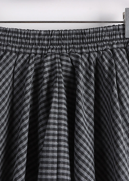 Black Grey Plaid Elastic Waist Cotton a Line Skirt Fall