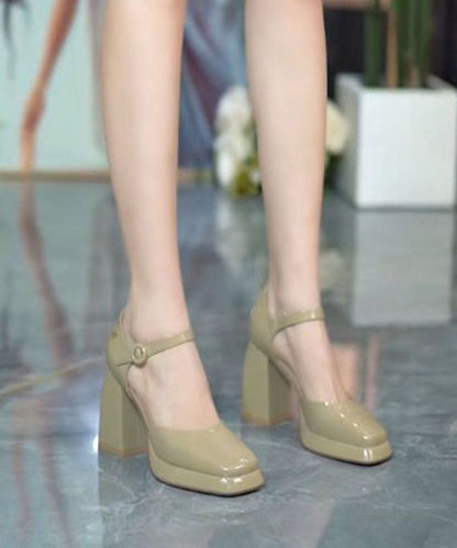 Black High Heels Chunky Cowhide Leather Buckle Strap Platform Heels