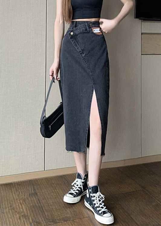 Black High Waist Pockets Button Denim a Line Skirt