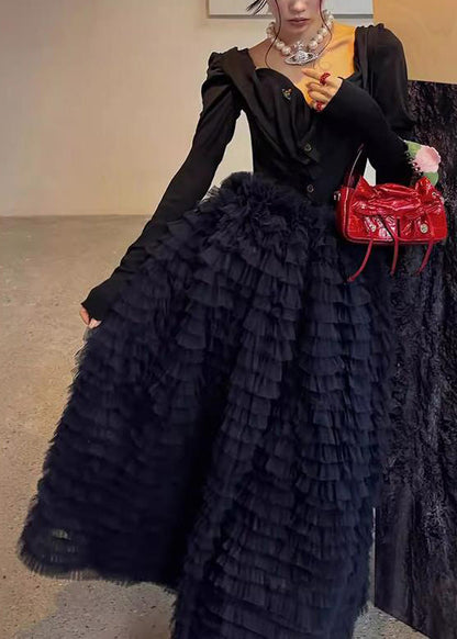 Black High Waist Tulle Maxi Skirts Ruffled