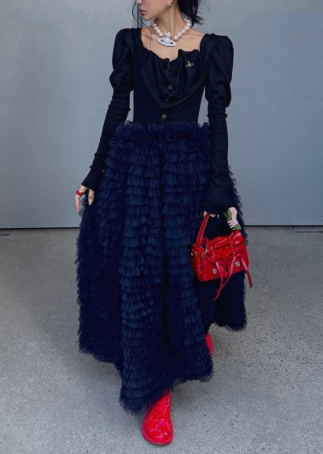 Black High Waist Tulle Maxi Skirts Ruffled