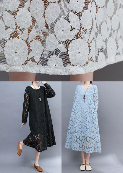 Black Hollow Out Lace a Line Dress O-neck Summer