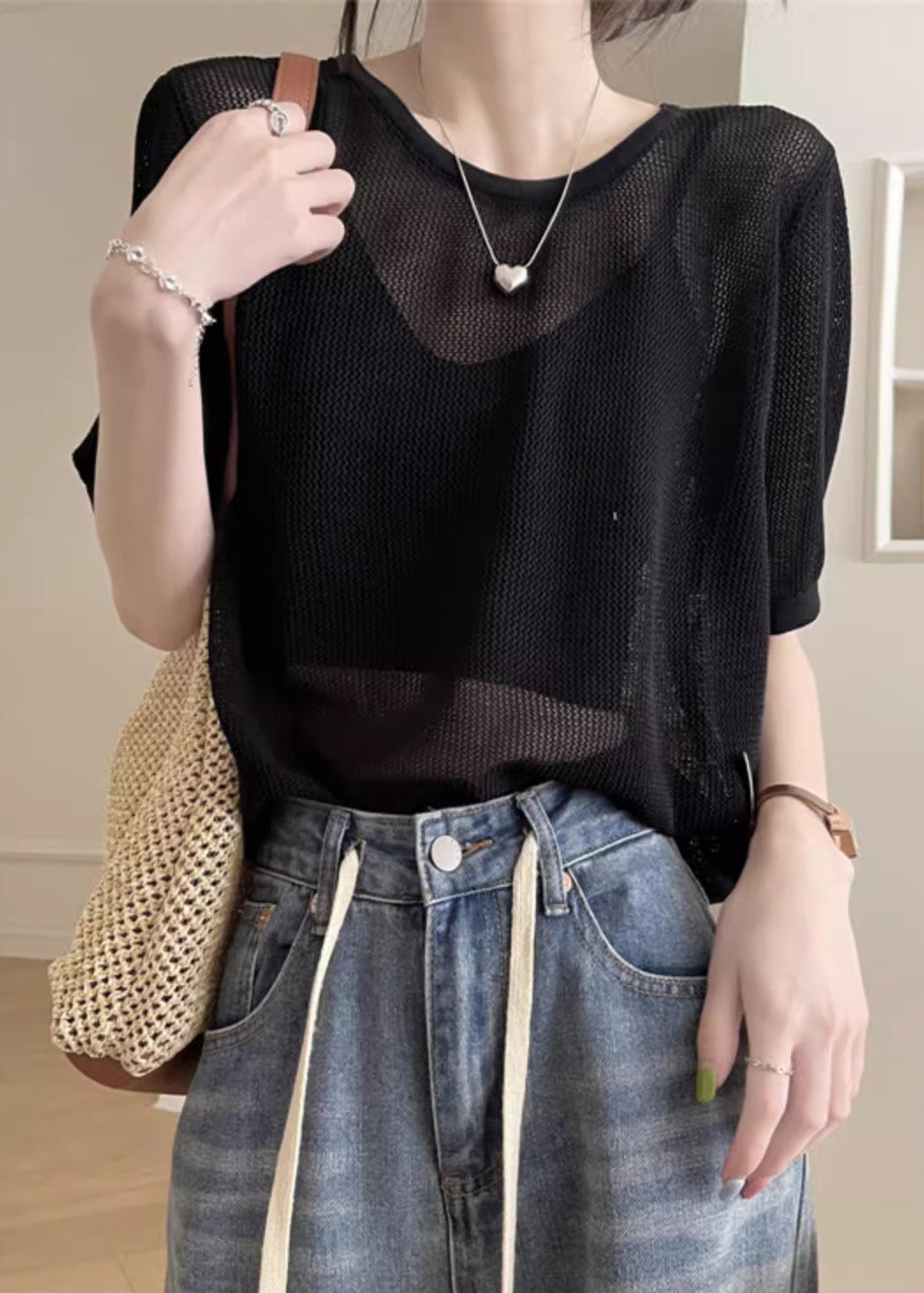 Black Hollow Out Summer Knit T Shirts O Neck