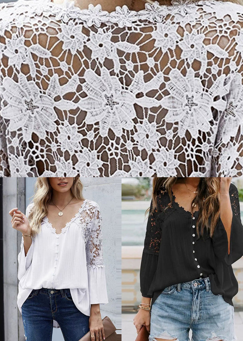 Black Hollow Out Tops V Neck Fall