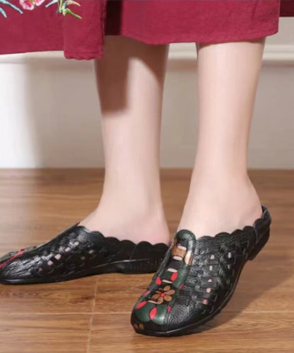 Black Hollow Out Splicing Low Heel Cowhide Leather Slide Sandals