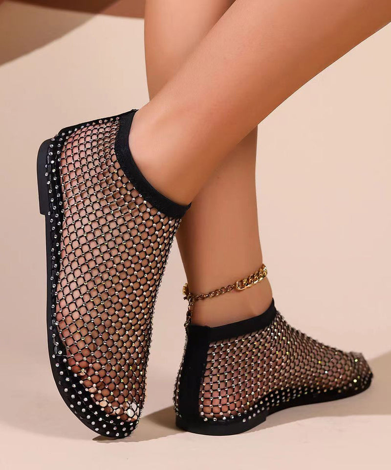 Black Hollow Out Zircon Flat Sandals Breathable Mesh New