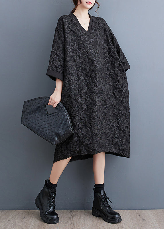 Black Jacquard Patchwork Cotton Dress V Neck Fall