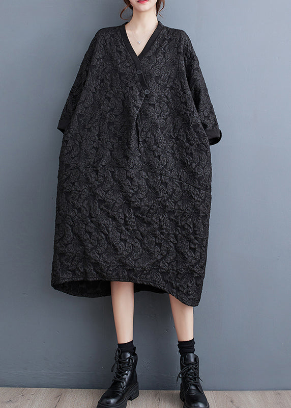 Black Jacquard Patchwork Cotton Dress V Neck Fall