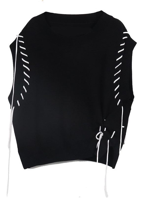 Black Knit Vest O-neck Drawstring Asymmetrical Spring