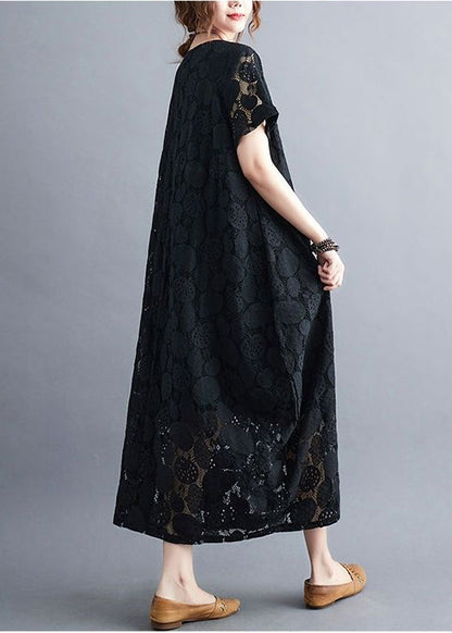 Black Lace a Line Dress O-neck Hollow Out Summer