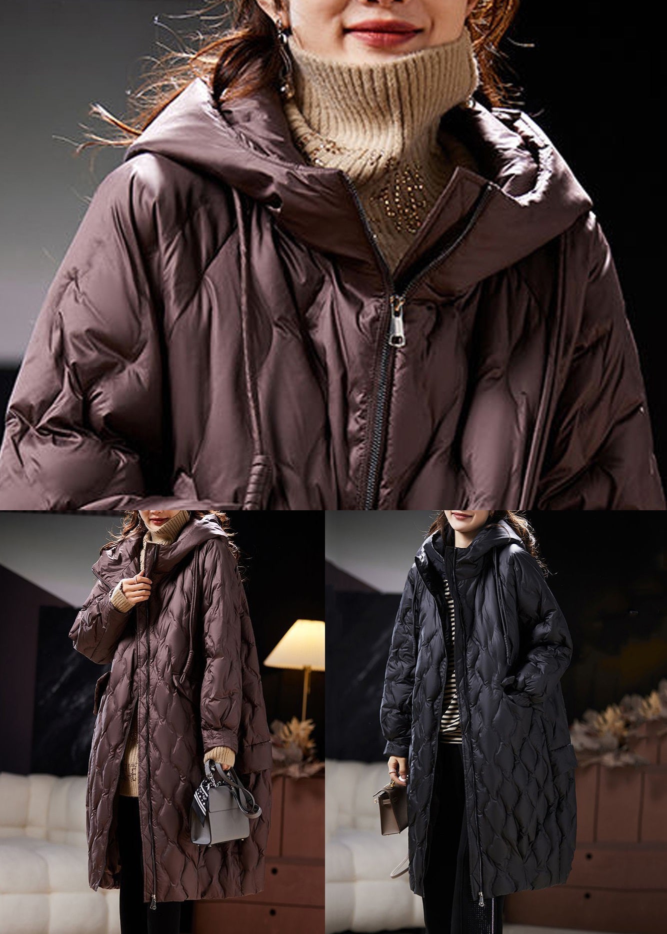 Black Lace Up Duck Down Parka Zip Up Long Sleeve