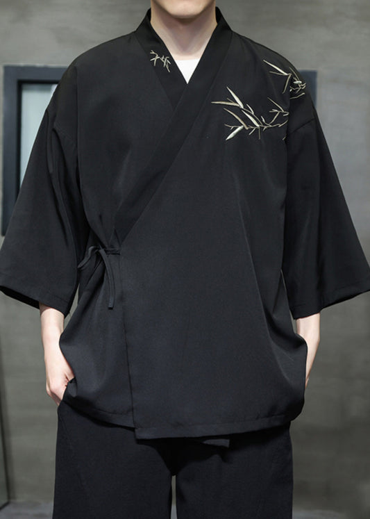 Black Lace Up Cotton Shirt V Neck Batwing Sleeve
