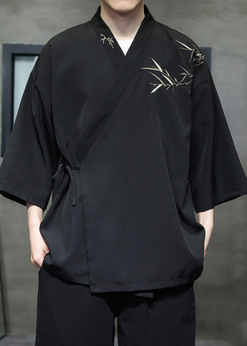 Black Lace Up Cotton Shirt V Neck Batwing Sleeve