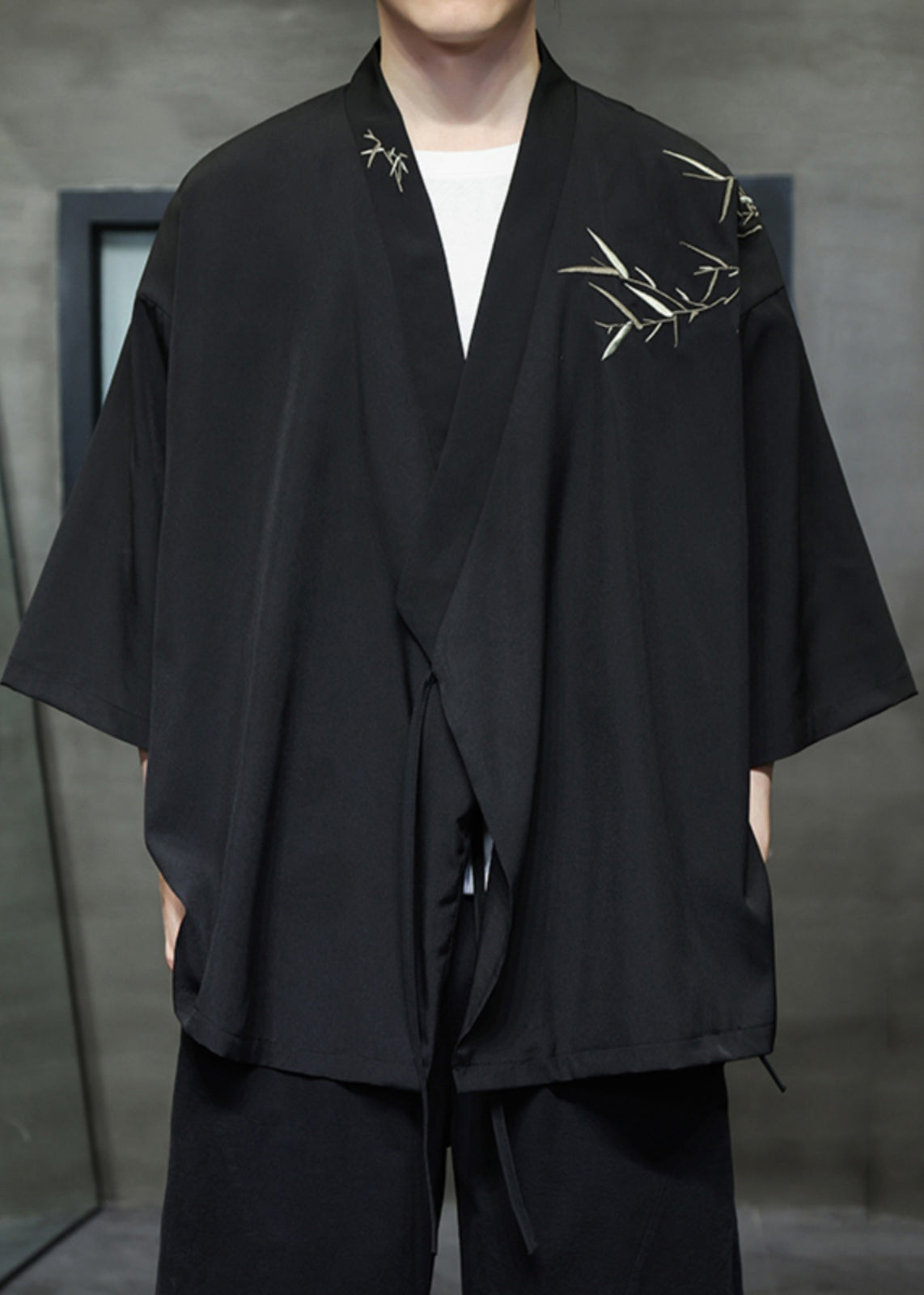 Black Lace Up Cotton Shirt V Neck Batwing Sleeve