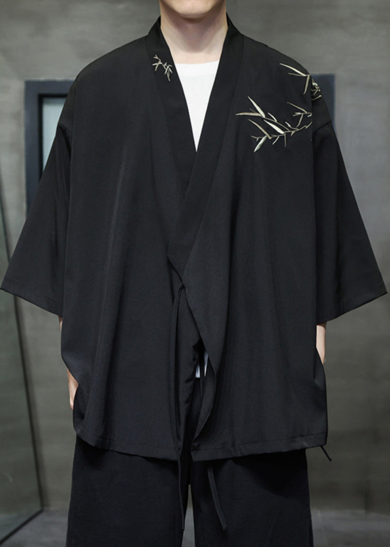 Black Lace Up Cotton Shirt V Neck Batwing Sleeve