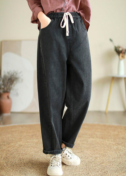Black Lace Up Denim Crop Pants Elastic Waist Spring