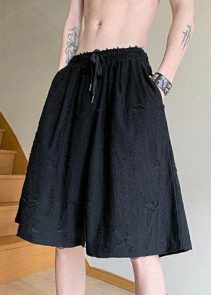 Black Lace Up Elastic Waist Cotton Summer Shorts Hole