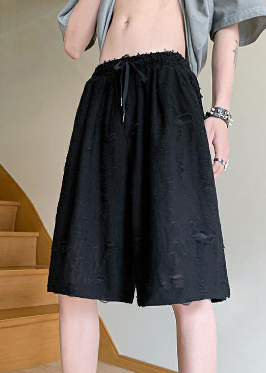 Black Lace Up Elastic Waist Cotton Summer Shorts Hole