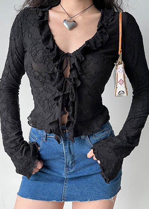 Black Lace Up Jacquard Cotton Fall Shirt Ruffled