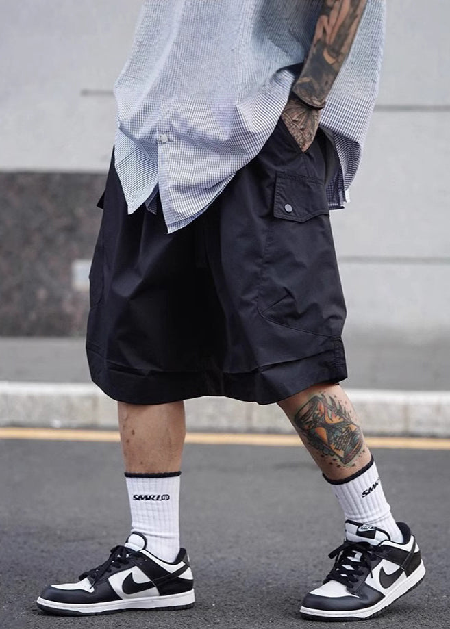 Black Lace Up Cotton Summer Shorts Elastic Waist